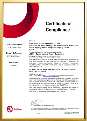 Chauron SPF-5A Fuse Official UL Certificate